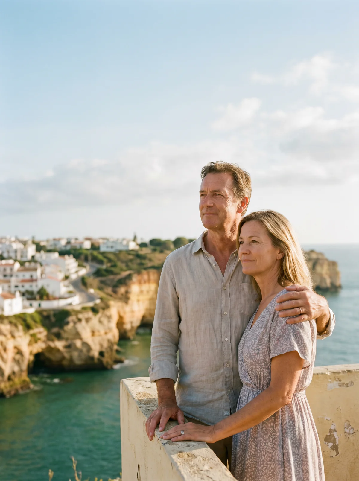 Glückliches Ehepaar im Ruhestand blickt von einer Terrasse über die Steilküste der Algarve aufs Meer